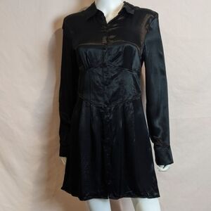 Bershka Black Satin Long Sleeve Button Up Corset Mini Dress size Large